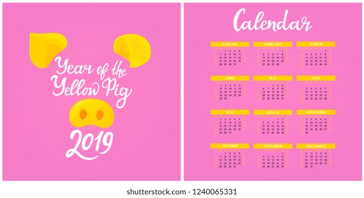 Wall Calendar for 2019 from Sunday to Saturday. Chinese New Year of the yellow pig. Greeting card. Hand lettering.