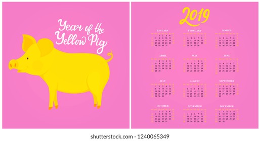 Wall Calendar for 2019 from Sunday to Saturday. Chinese New Year of the yellow earth pig. Greeting card. Hand lettering.