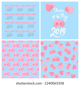 Wall Calendar for 2019 from Sunday to Saturday. Chinese New Year of the pig. Piggy nose seamless pattern. Greeting card. Hand lettering. Set of design elements