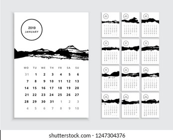 Wall calendar 2019 template planner vector diary in a minimalist style