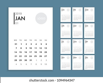 Wall calendar 2019 template. White corporate calendar new year 2019 with space for logo