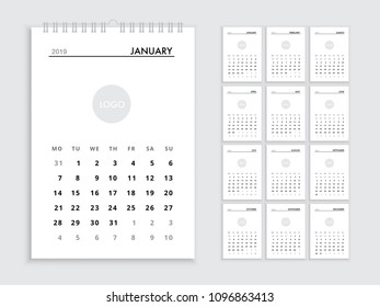 Wall calendar 2019 template. White corporate calendar new year 2019 with space for logo