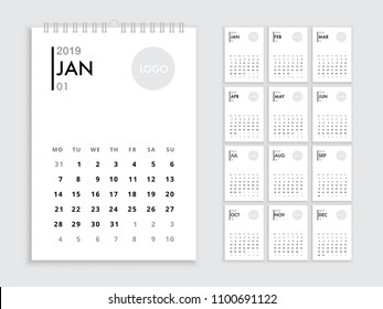 Wall calendar 2019 template. White corporate calendar new year 2019 with space for logo