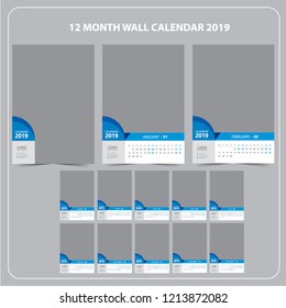 Wall Calendar 2019. Vector Template with Place for Photo. 12 Months. Week Starts Monday.