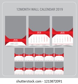 Wall Calendar 2019. Vector Template with Place for Photo. 12 Months. Week Starts Monday.