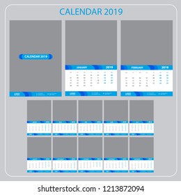Wall Calendar 2019. Vector Template with Place for Photo. 12 Months. Week Starts Monday.