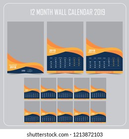 Wall Calendar 2019. Vector Template With Place For Photo. 12 Months. Week Starts Monday.
