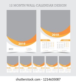 Wall Calendar 2019. Vector Template with Place for Photo. 12 Months. Week Starts Monday.