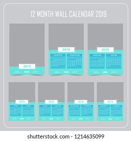 Wall Calendar 2019. Vector Template with Place for Photo. 12 Months. Week Starts Monday.