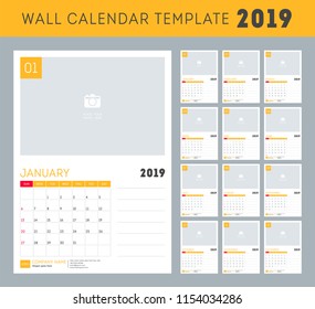 Wall calendar for 2019 Year. Set of 12 Months.