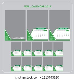 Wall calendar for 2019 Year. Set of 12 Months.