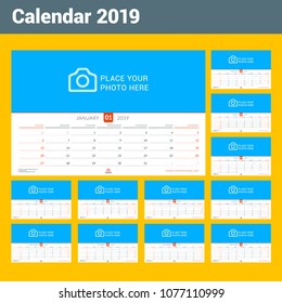 Wall calendar for 2019 year. Vector design print template with place for photo. Week starts on Sunday. Set of 12 months. Landscape orientation