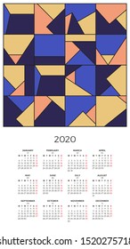 Wall Calendar 2020 with abstract colorful geometric pattern. Bright creative composition. Modern design template. Week starts on Monday.