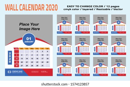 Wall Calendar 2020 Colorful 12 Pages Design Template Vector With Months Date Week Year Holiday