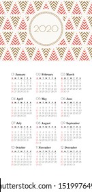 Wall Calendar 2020 with decorative winter holidays pattern. Vector design template. Week starts on Sunday.