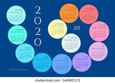 Wall calendar of 2020 in the form of a spiral with rainbow months, days of the week. Week starts on Sunday. Sundays highlighted in red. Space for your logo. Navy blue background. Vector template