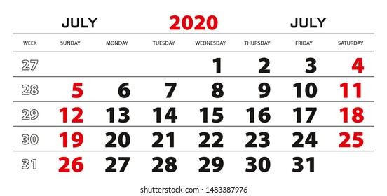 Wall calendar 2020 for july, week start from sunday. Block size 297x140 mm.