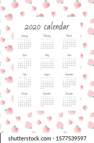 Wall calendar 2020. Monthly calendar on background of cute peach pattern. Vector illustration 8 EPS.