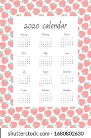 Wall calendar 2020. Monthly calendar on background of cute strawberry pattern. Vector illustration 8 EPS.