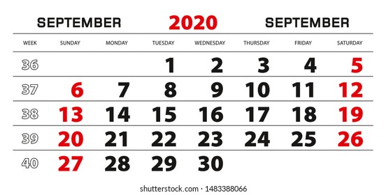 Wall calendar 2020 for september, week start from sunday. Block size 297x140 mm.