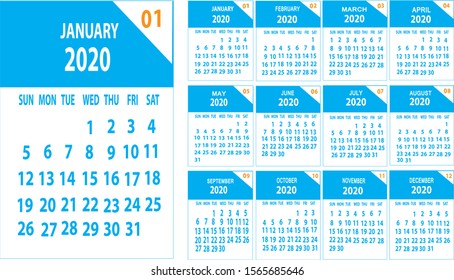 Wall Calendar 2020 template . yearly planner calendar . week starts on Sunday . vector illustration . 12 month