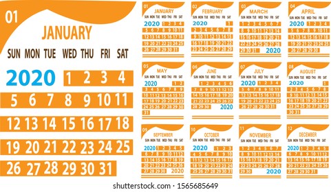 Wall Calendar 2020  template . yearly planner . week starts on Sunday . vector illustration . new year 2020