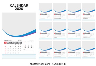 Wall Calendar 2020 Vector, Week Start On Sunday, Planner, Stationery, Printing, vertical artwork. 