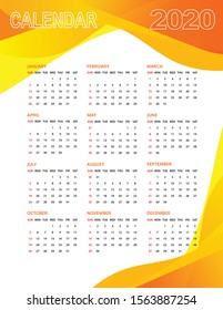 Wall Calendar 2020 Vector, Week Start On Sunday, Planner, Stationery, Printing, vertical artwork. 