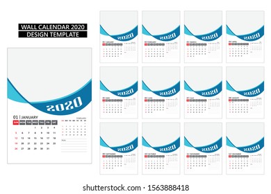 Wall Calendar 2020 Vector, Week Start On Sunday, Planner, Stationery, Printing, vertical artwork. 