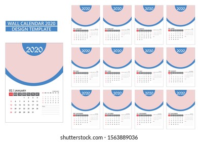 Wall Calendar 2020 Vector, Week Start On Sunday, Planner, Stationery, Printing, vertical artwork. 