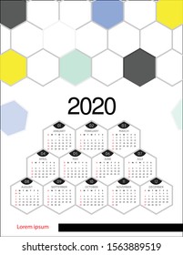 Wall Calendar 2020 Vector, Week Start On Sunday, Planner, Stationery, Printing, vertical artwork. 