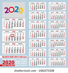 Wall calendar 2020, week start from Sunday. Size A4, block size 297x140 mm. Vector Illustration.