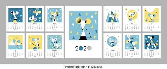 Wall calendar 2020 with white rat. Set of 12 months. 2020 vision. Week starts on Sunday. Concept, vector editable calender page template. Symbol of the year in the Chinese calendar. Abstract. Vertical