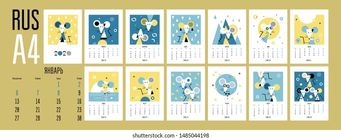 Wall calendar 2020 with white rat. Russian, RUS. Set of 12 months. Week starts on Monday. Concept, vector editable template. Symbol of the year in the Chinese calendar. Abstract. Vertical A4.