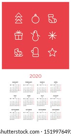 Wall Calendar 2020 with winter holidays line icons. Happy new year. Modern vector design template. Week starts on Monday.
