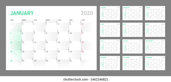 Wall calendar for 2020 year in clean minimal style. Week Starts on Sunday. Set of 12 Months.