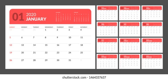 Wall calendar for 2020 year in clean minimal style. Week Starts on Sunday. Set of 12 Months.
