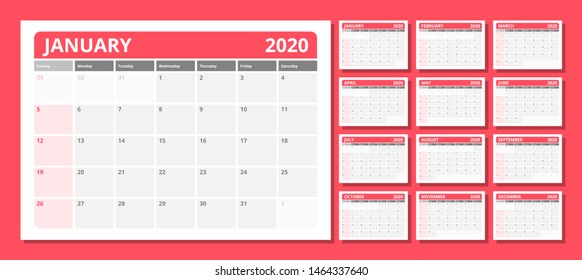 Wall calendar for 2020 year in clean minimal style. Week Starts on Sunday. Set of 12 Months.
