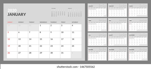 Wall calendar for 2020 year in clean minimal style. Week Starts on Sunday. Set of 12 Months.