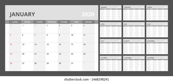 Wall calendar for 2020 year in clean minimal style. Week Starts on Sunday. Set of 12 Months.