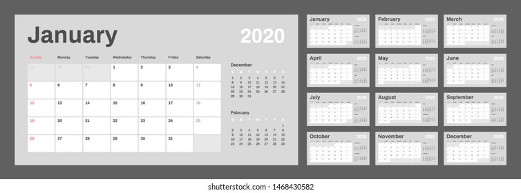 Wall calendar for 2020 year in clean minimal style. Week Starts on Sunday. Set of 12 Months.