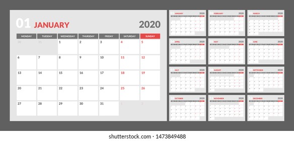 Wall calendar for 2020 year in clean minimal style. Week Starts on Monday. Set of 12 Months.