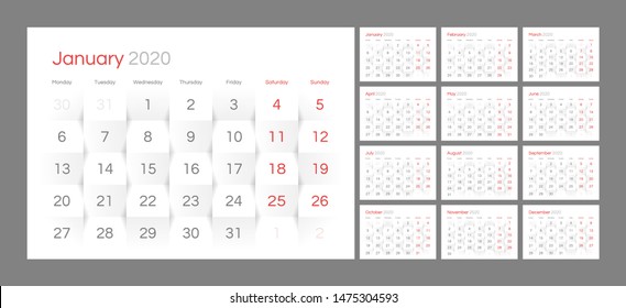 Wall calendar for 2020 year in clean minimal style. Week Starts on Monday. Set of 12 Months.