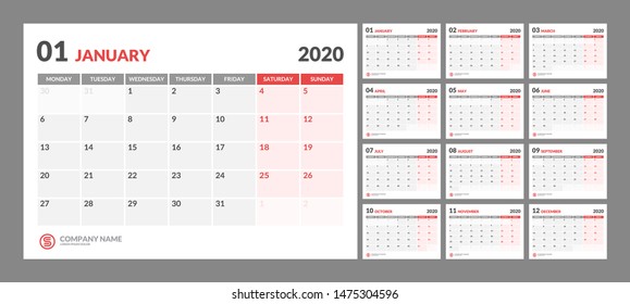 Wall calendar for 2020 year in clean minimal style. Week Starts on Monday. Set of 12 Months.