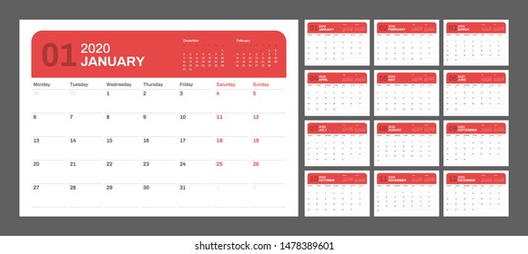 Wall calendar for 2020 year in clean minimal style. Week Starts on Monday. Set of 12 Months.