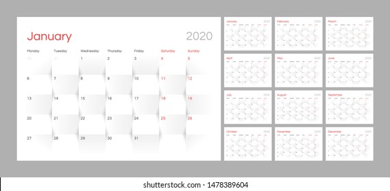 Wall calendar for 2020 year in clean minimal style. Week Starts on Monday. Set of 12 Months.