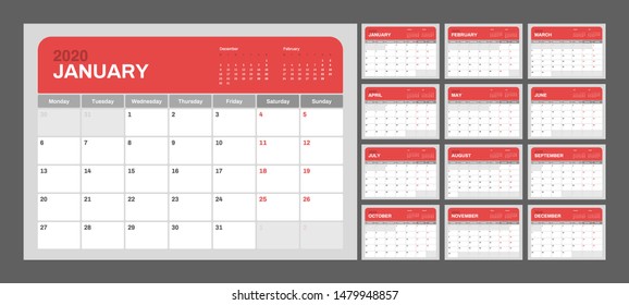 Wall calendar for 2020 year in clean minimal style. Week Starts on Monday. Set of 12 Months.