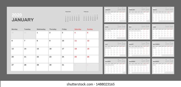 Wall calendar for 2020 year in clean minimal style. Week Starts on Monday. Set of 12 Months.