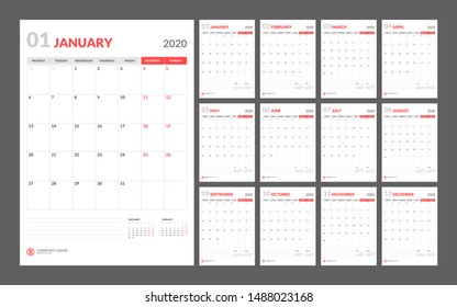 Wall calendar for 2020 year in clean minimal style. Week Starts on Monday. Set of 12 Months.