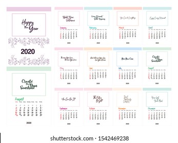Wall calendar for 2020 year. Calendar design. Minimalist calendar 2020. Set of 12 pages desk